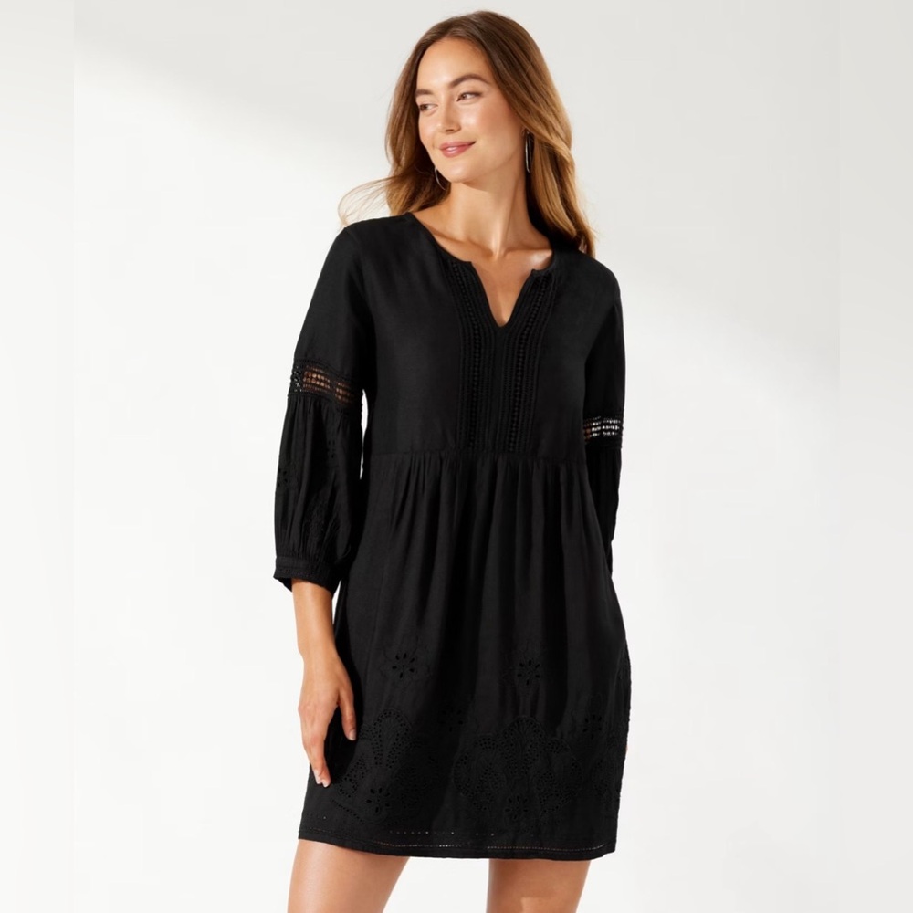 Tommy Bahama Black Embroidered V‑Neck Babydoll Dress